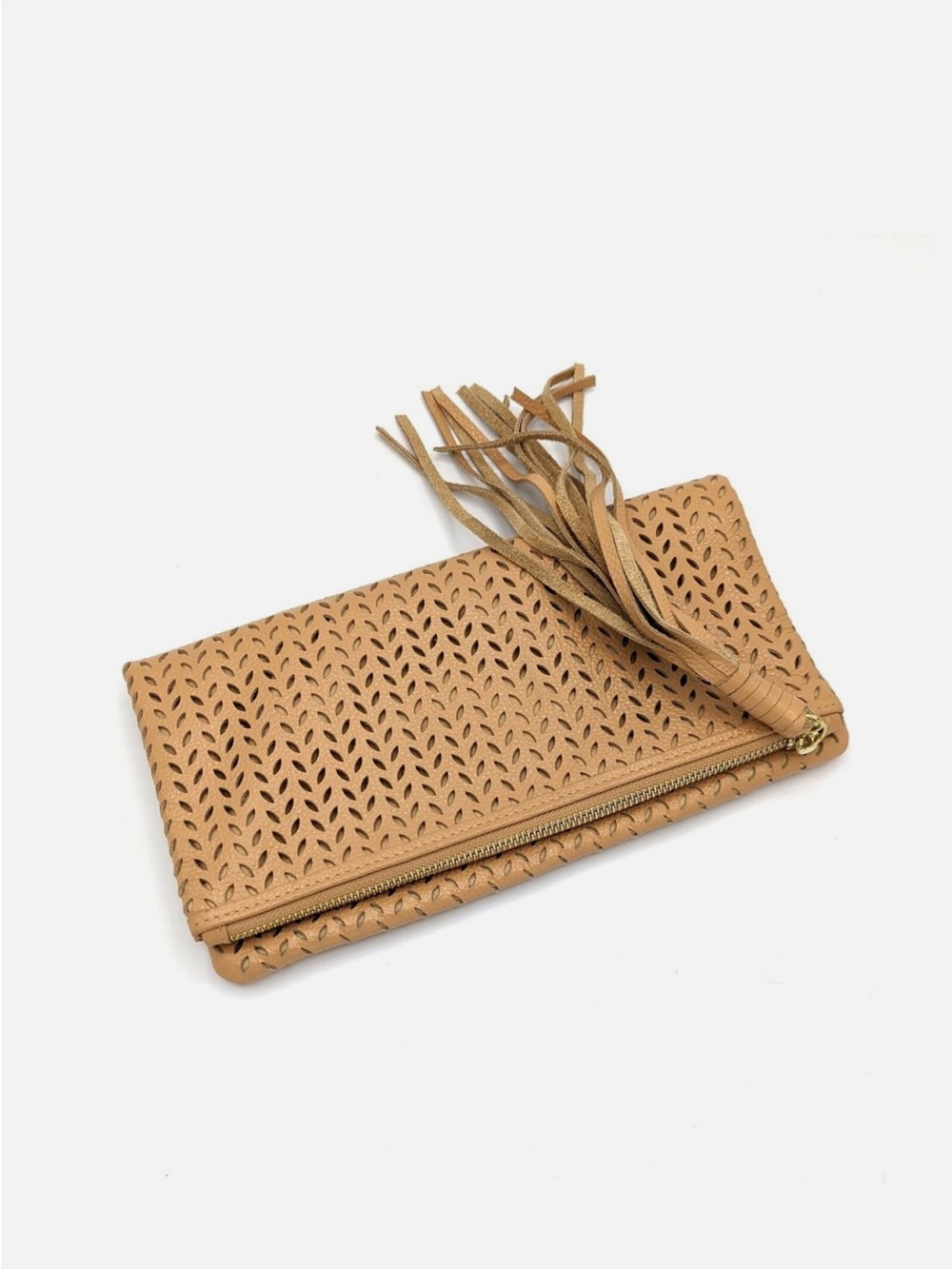 B-Low the Belt Boutique Fold-Over Clutch Bag Punched Leather Tassel Tan